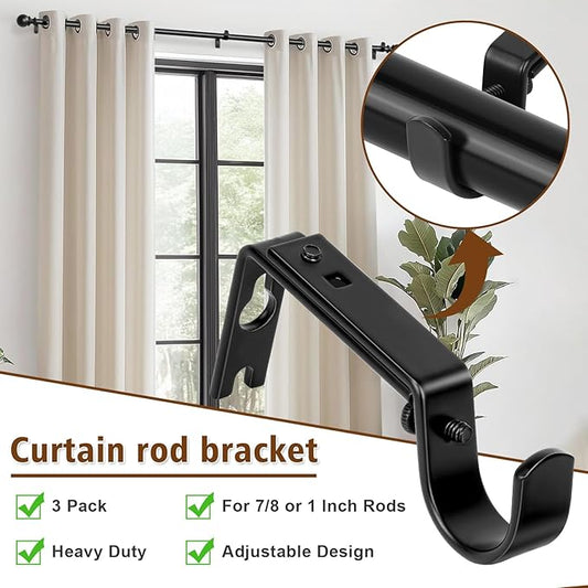 Heavy Duty Curtain Rod Brackets, Adjustable Wall Mount Iron Rod Holders for 1 Inch Rods, Window Treatment Hardware Kit with Screws & Anchors (3PCS)