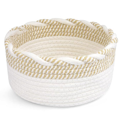 Small Cotton Rope Storage Basket, Boho Cotton Rope Storage Bins for Towel,Pet Kids Toy, Round Jute-Colored Woven Basket, Empty Gift Basket, 8 x 8 x 4
