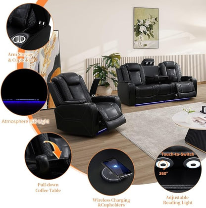 Black Leather Power Recliner Sofa Chair Sets with LED and Arm Storage, Leather Living Room Reclining Sofa, Power Recliner Living Room Furniture Sets with Reading Lights/LED/Cup Holders