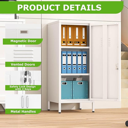 35" Metal Storage Locker, Lockable Employees Metal Locker with Door and Adjustable Shelves, Steel Locker for Home, School, Office, Gym (White)
