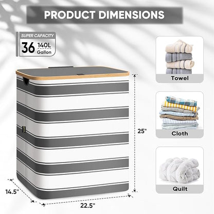 BALEINE Laundry Hamper with Lid, Tall Laundry Baskets with Bamboo Pull Handles, Large Laundry Bin with Internal Support (36 Gal/140L, Grey Stripe)