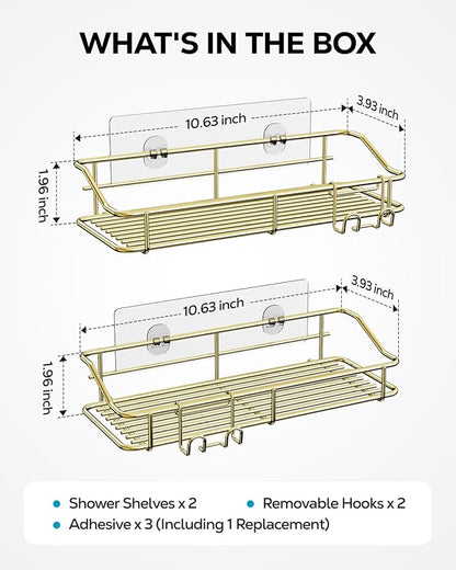 Nieifi Shower Caddy Shelf Storage Rack Adhesive Without Drilling Stainless Steel with Hooks for Washroom, Lavatory, Restroom, Toilet, Bathroom, Kitchen - 2 Pack, Golden