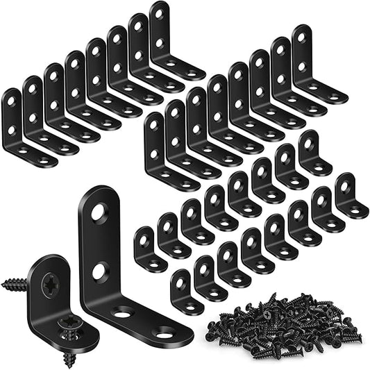 32PCS L Corner Brackets, MAPVOLUT Black Heavy Duty L Brackets for Shelves with 100PCS Screws, Metal Right Angle Shelf Bracket, Metal Corner Brace for Wood Furniture (1.57x1.57in/0.79x0.79in)