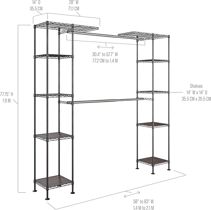 Seville Classics Closet Garment Organizer with Metal Hanging Rod Wardrobe Storage System, w/ Steel Shelves for Clothes, Shirts, Jackets, Coats, Blankets, Shoes, Satin Bronze, Expandable Rack