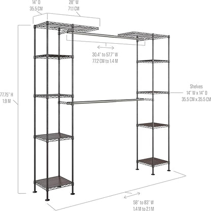 Seville Classics Closet Garment Organizer with Metal Hanging Rod Wardrobe Storage System, w/ Steel Shelves for Clothes, Shirts, Jackets, Coats, Blankets, Shoes, Satin Bronze, Expandable Rack
