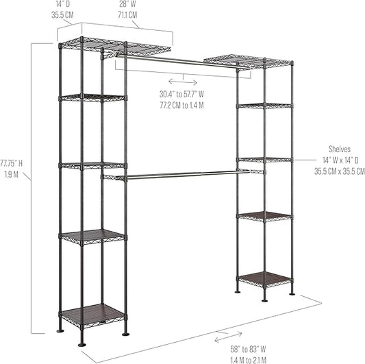 Seville Classics Closet Garment Organizer with Metal Hanging Rod Wardrobe Storage System, w/ Steel Shelves for Clothes, Shirts, Jackets, Coats, Blankets, Shoes, Satin Bronze, Expandable Rack
