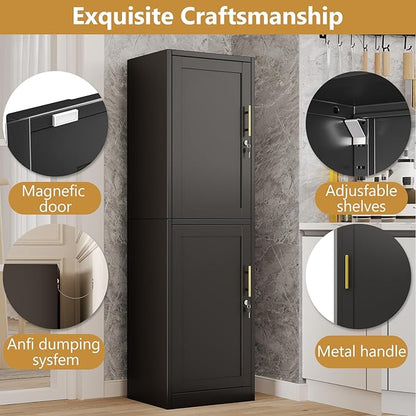 Metal Storage Cabinet with Lock 2 Doors and Shelves, Steel File Cabinets, Kitchen Pantry Cabinet Locker Organizer - 67" Tall Locker Storage Cabinets for Kitchen,Bathroom,Bedroom,Office(Black)