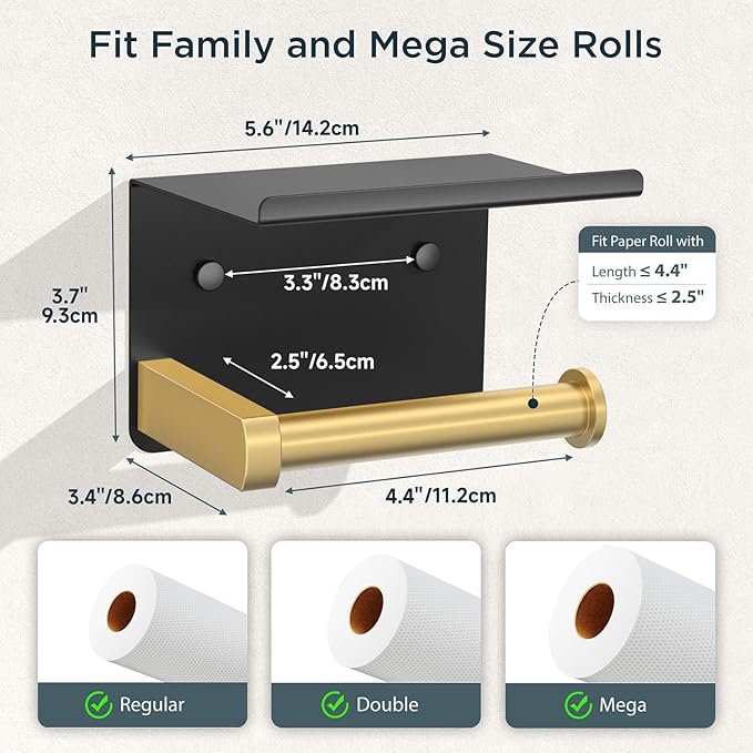 Toilet Paper Holder with Shelf, Adhesive or Screw Wall Mount Toilet Paper Roll Holder for Bathroom, Rustproof 304 Toilet Roll Tissue Holder Dispenser with Phone Shelf (1, Matte Black & Brushed Gold)
