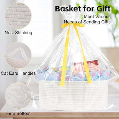 OIAHOMY 19L Woven Basket, Gift Basket Empty with Gift Bags Ribbons and Wrap Tissue Paper, Rope Baskets for Baby Showers, Storage Baskets with Handles for Nursery Pet Toy Organizer - Easter White