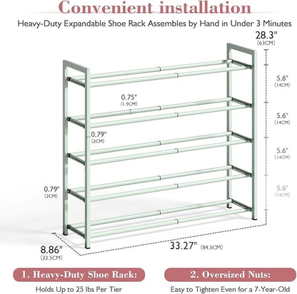 Bumusty 5-Tier Expandable Shoe Rack for Closet, 18“-33” Adjustable Shoe Rack for Small Space, Small Shoe Organizer for Front Door, Sturdy Metal,Green