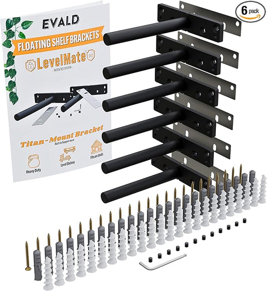 EVALD LevelMate™ 4" Titan-Mount Floating Shelf Brackets | Heavy Duty Hidden Black Carbon Steel Wall Supports for Wood Mantel, Bookshelf, Kitchen & Office Shelving | Invisible Bracket Hardware (6 Pack)