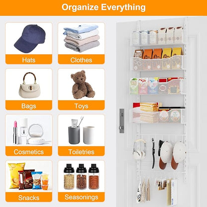 Over the Door Organizer, 2 in 1 Metal Hanging Closet Organizer & Hat Rack with 4 Adjustable Baskets, 8 Hooks, 10 Clips, Behind The Door Storage for Bedroom, Bathroom, Entrance, Closet, Kitchen, White