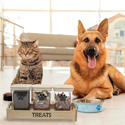 Geyecete dog treat container for Countertop pet treat container with 3 Jars dog treat jars For Puppy Airtight Wooden Dog Treat Storage With wood Lids