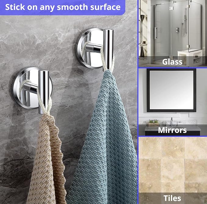 HOME SO Suction Cup Hooks for Shower & Bathroom Towel Holder 2-Pack – Suction Cups Hooks for Hanging Towels, Robes, & Coats - Tiles, Glass Door or Mirror – Shower Hooks & Towel Hooks - Chrome T-Shape