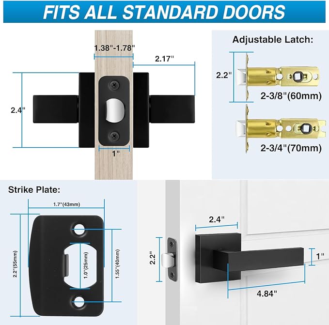 10 Pack Matte Black Door Handles, Passage Door Levers for Hall & Closet, Interior Door Knobs Heavy Duty Square Non-Locking Handlesets (2.0lb), Reversible for Left & Right Sided Doors