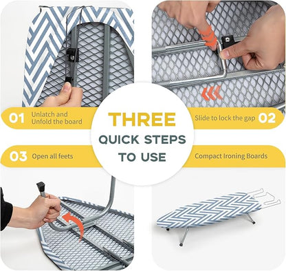 Small Tabletop Ironing Board Foldable, RAINHOL Steel Mesh Portable Iron Board for Dorm and Apartment, with Iron Rest and Heat-Resistant Cotton Cover, 32" x 12", Blue and White Stripes