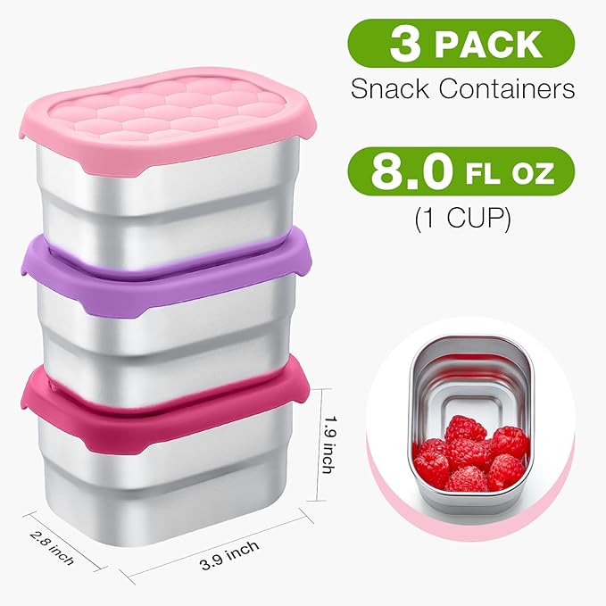 3 Pack Stainless Steel Snack Containers for Kids, 8 oz Easy Open Leak Proof Small Toddler Snack Containers with Silicone Lids, Stackable Metal Lunch Box for Daycare and School (Pink)