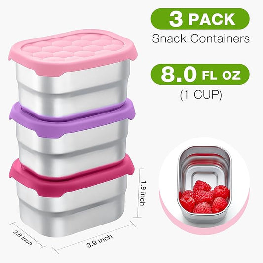3 Pack Stainless Steel Snack Containers for Kids, 8 oz Easy Open Leak Proof Small Toddler Snack Containers with Silicone Lids, Stackable Metal Lunch Box for Daycare and School (Pink)