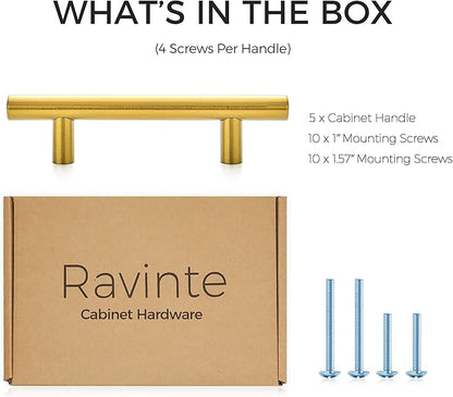 Ravinte 5 Pack | 5'' Cabinet Pulls Brushed Brass Stainless Steel Kitchen Drawer Pulls Cupboard Pulls Cabinet Handles 5”Length with 3” Hole Center