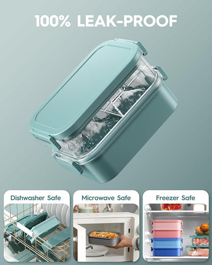 Adults Bento Lunch Box Set with Thermo Bag, 74oz Stackable Leak-proof 3-tiers Bento Box, Built-in Utensil and Sauce Container for Work, School, Dining Out (Green)