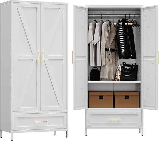 Aobabo Metal Wardrobe Cabinet with 1 Drawer, 71" H Metal Armoire Wardrobe Closet with 1 Adjustable Shelf and Hanging Rod for Home, Laundry Room, Office, Installation Required, White