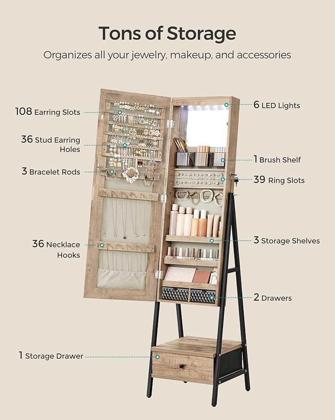 SONGMICS LED Mirror Jewelry Cabinet Standing, Lockable Jewelry Armoire with Full-Length Mirror, Space-Saving Jewelry Organizer with Mirror, Drawer and Shelf, Toasted Oak Color UJJC025N01