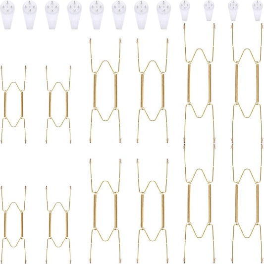 Hotop 12 Pieces Plate Hangers for Wall Stainless Steel Wire Invisible Heavy Duty Plate Hangers Display Holders with 12 Pieces Hooks for Wall Decorative(8/12/14 Inch,Gold)