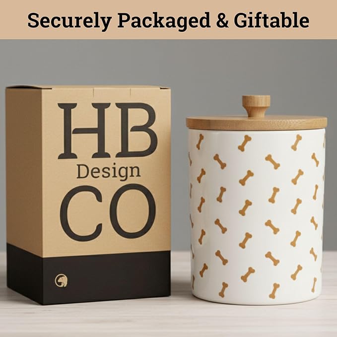 Dog Treat Container Airtight - 5 Inch Wide x 6.4 Inch Tall Ceramic Dog Treat Jar for Kitchen Counter with Airtight Bamboo Lid - 4 Cup Capacity Pet Treats Container - Doggie Cookie Jar Treats Canister