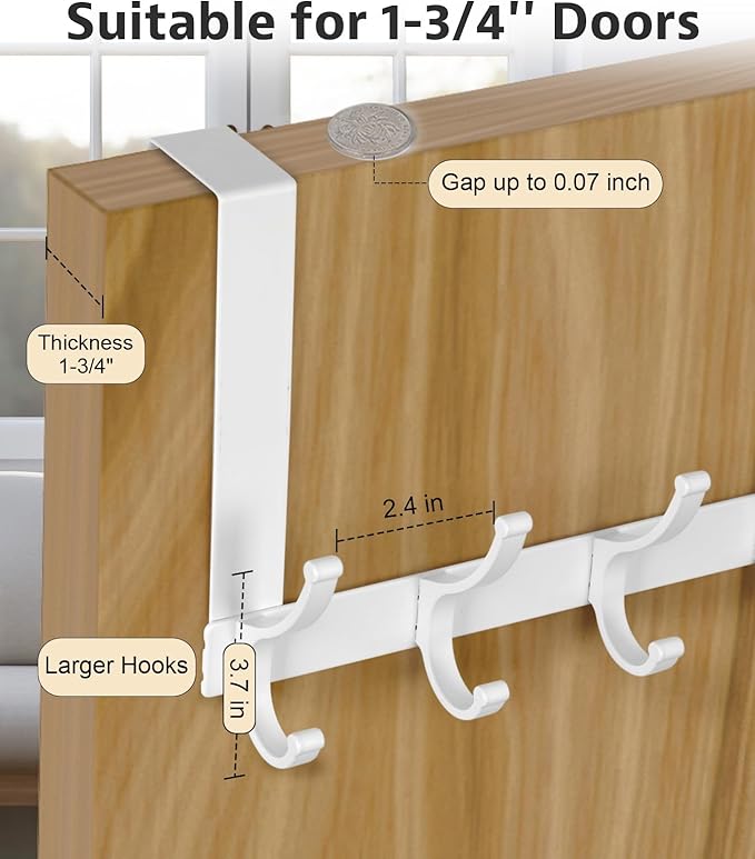 Door Hooks for Hanging, Over The Door Towel Racks for Bathroom, Coat Rack Door Towel Hanger Towel Hooks (2Pack, White, Fit 1-3/4" Doors)
