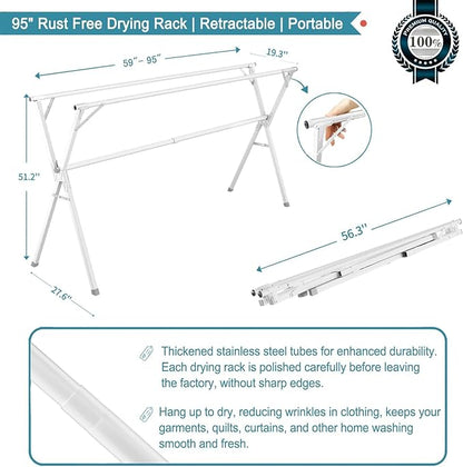 JAUREE 95 Inches Clothes Drying Rack, Drying Rack Clothing Folding Indoor Outdoor, Heavy Duty Stainless Steel Laundry Drying Rack, Foldable Portable Clothes Rack Garment Rack with 20 Hooks White