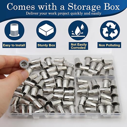 1/4''-20 UNC Rivet Nut, 88Pcs 304 Stainless Steel Flat Head Rivnut Threaded Insert Nutsert