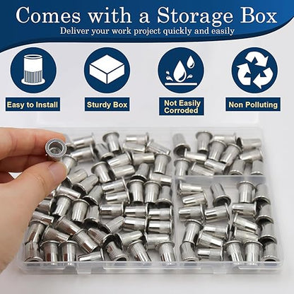 1/4''-20 UNC Rivet Nut, 88Pcs 304 Stainless Steel Flat Head Rivnut Threaded Insert Nutsert