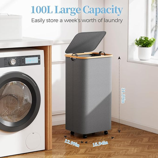 Yecaye 100L Large Capacity Laundry Hamper – Foldable Rolling Laundry Basket, Mobile Clothes Hamper with Wheels, Removable Inner Bag, Bamboo Handle Lid Laundry Bin – Multi-Use Storage,Grey