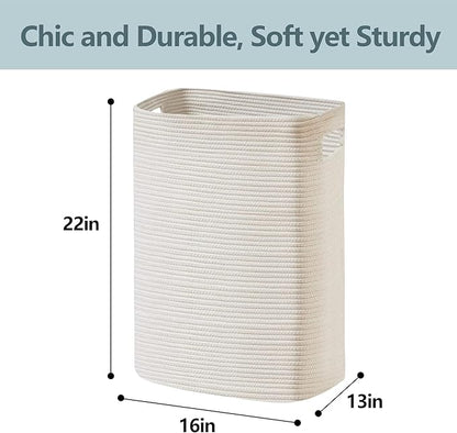 Large Laundry Hamper 16"x13"x22" - Tall Woven Laundry Basket, Cotton Rope Dirty Clothes Hamper, Baby Kids Nursery Wicker Laundry Basket, Bedroom Aesthetic, Soft Laundry Bin, White Hamper, 75L