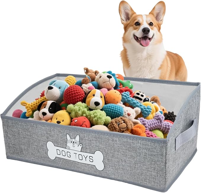 JIABEIUS Dog Toy Box, Foldable Dog Toy Storage Organizer, Fabric Toy Basket with Handle, Pet Storage Box for Pet Supplies, Dog and Cat Toys, Collars, Clothes, Treats, (Grey)