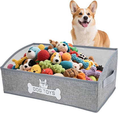 JIABEIUS Dog Toy Box, Foldable Dog Toy Storage Organizer, Fabric Toy Basket with Handle, Pet Storage Box for Pet Supplies, Dog and Cat Toys, Collars, Clothes, Treats, (Grey)