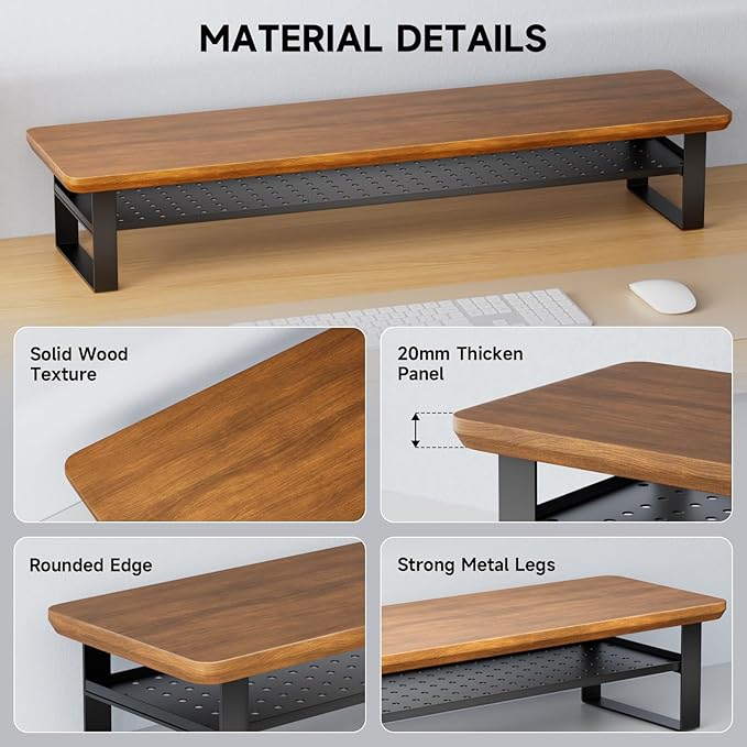 Dual Monitor Stand, 35.4 Inch Monitor Stand Riser for 2 Monitors, 2 Tiers Wood Desk Shelf with Storage, Desktop Organizer Stand for Computer, Laptop, Printer, TV (Walnut, 35.4in)