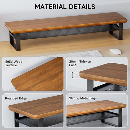 Dual Monitor Stand, 35.4 Inch Monitor Stand Riser for 2 Monitors, 2 Tiers Wood Desk Shelf with Storage, Desktop Organizer Stand for Computer, Laptop, Printer, TV (Walnut, 35.4in)