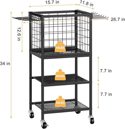 ETELI Yoga Mat Storage Rack Home Gym Workout Equipment Storage Cart with Hooks Wheels Small Metal Weight Rack for Dumbbells, Kettlebells, Foam Rollers, Resistance Bands, Yoga Block