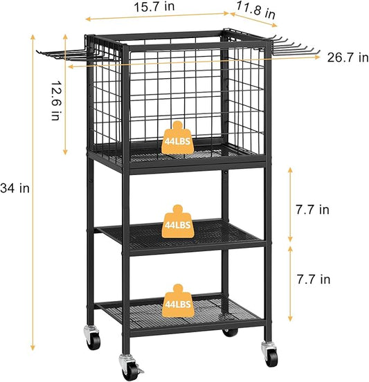 ETELI Yoga Mat Storage Rack Home Gym Workout Equipment Storage Cart with Hooks Wheels Small Metal Weight Rack for Dumbbells, Kettlebells, Foam Rollers, Resistance Bands, Yoga Block