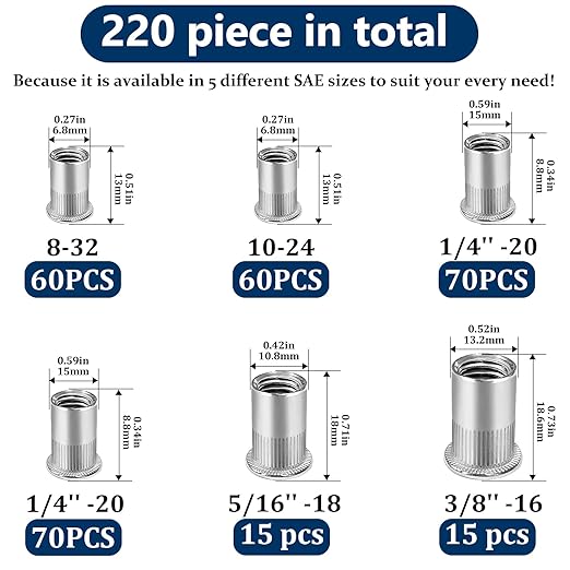 SAE Rivet Nut Assortment Kit(220 Pcs),#8-32#10-24 1/4"-20 5/16"-18 3/8"-16 304 Stainless Steel Flat Head Rivnut Set,Rivnut Threaded Insert Nut