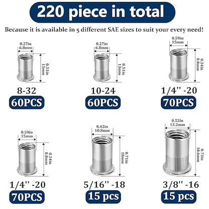 SAE Rivet Nut Assortment Kit(220 Pcs),#8-32#10-24 1/4"-20 5/16"-18 3/8"-16 304 Stainless Steel Flat Head Rivnut Set,Rivnut Threaded Insert Nut