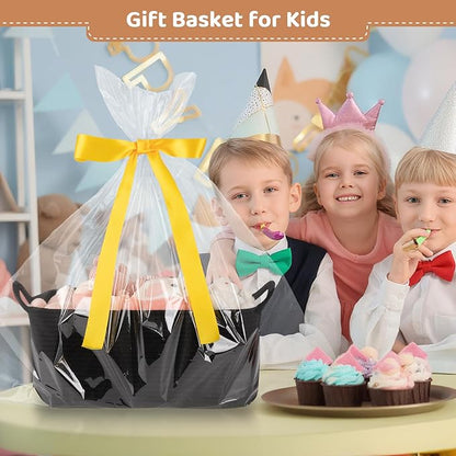 Large Empty Gift Baskets for Baby Shower, 16.5" L x 12.6" W x 7" H Cute Woven Storage Basket with Gift Bags and Ribbons, Small Rope Toy Basket with Handles, Cat Dog Pet Toy Organizer - Black
