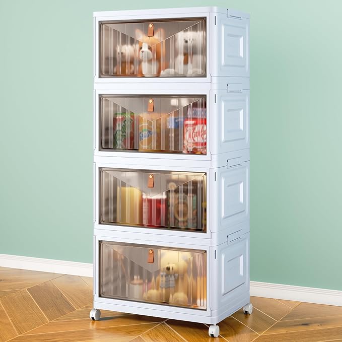 4 Tier Stackable Plastic Storage Bins with Lid and Wheels - 23 QT Closet Organizers and Storage, Foldable Storage Containers, Organization and Storage Boxes for Craft, Home, Pantry, Dorm, Grey