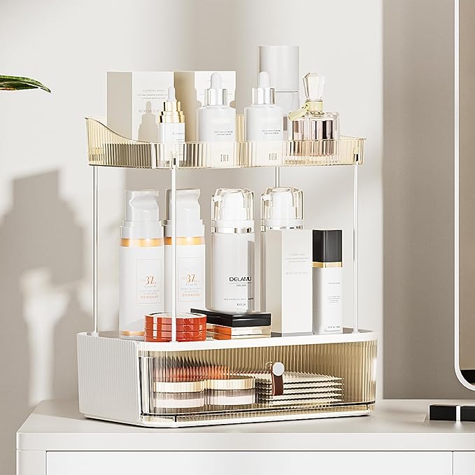 Delamu 2PCS Bathroom Counter Organizer with Drawer, Multi-Purpose 3-Tier Makeup Organizer Countertop for Vanity, Large Cosmetic Display Case Perfume Tray Skincare Organizers, Amber