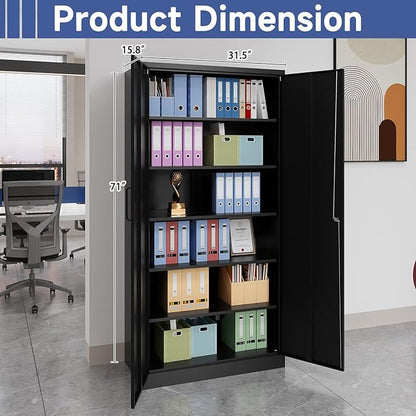 Metal Garage Storage Cabinet, 71" Locking Cabinet with 2 Doors and 4 Adjustable Shelves, Black