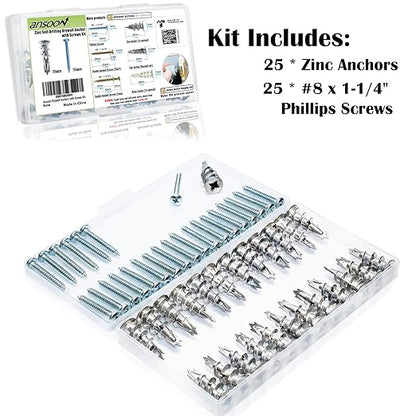 Zinc Self-Drilling Drywall Anchors with Screws Kit, 25 Heavy Duty Metal Wall Anchors and 25#8 x 1-1/4'' Screws - 50 Pieces All Together
