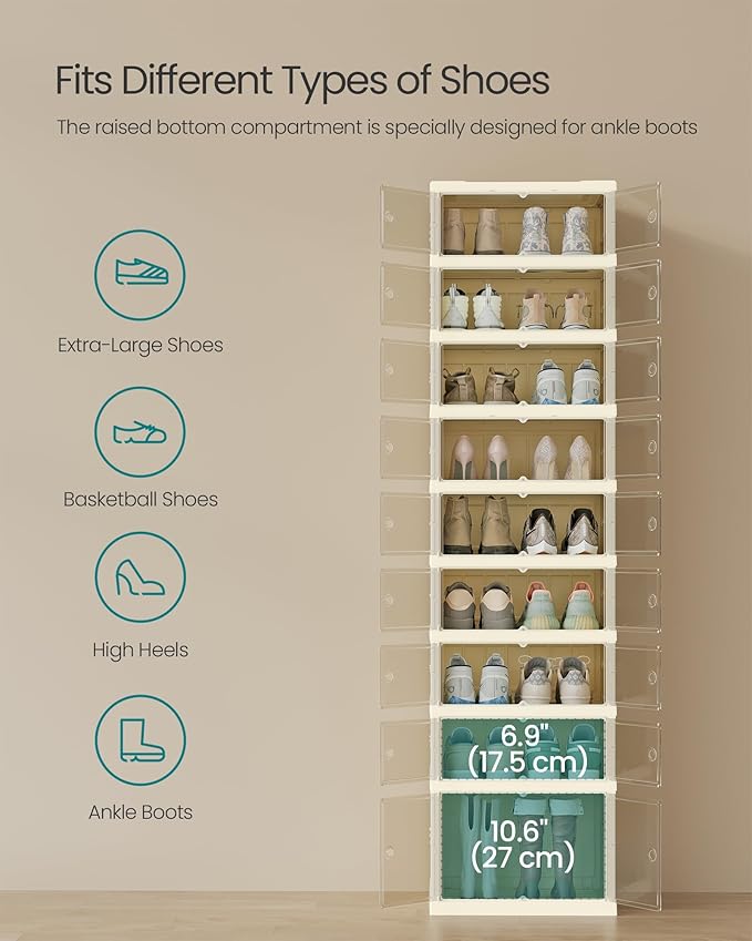 SONGMICS Foldble Shoe Storage Organizer for Closet, Stackable Sneaker Cabinet with Magnetic Door, Large Plastic Container Bins for Living Room, Entryway, 9-Tier for 18 Pairs, Cream White ULSP918WD01