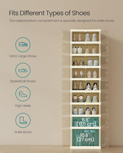 SONGMICS Foldble Shoe Storage Organizer for Closet, Stackable Sneaker Cabinet with Magnetic Door, Large Plastic Container Bins for Living Room, Entryway, 9-Tier for 18 Pairs, Cream White ULSP918WD01