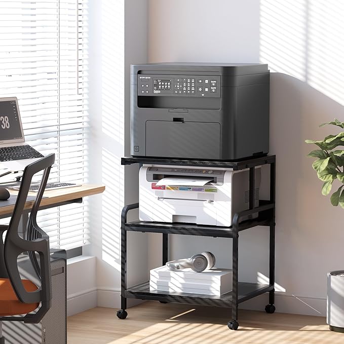 Large Printer Stand with Storage Shelf, 23.6" W x 18.9" D Printer Cart with Wheels, 3 Tier Mobile Printer Table for Home Office,Stands for Heat Press Scanner Fax (Black)